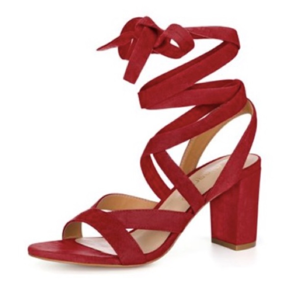 Red Criss cross lace up chunky heel👠